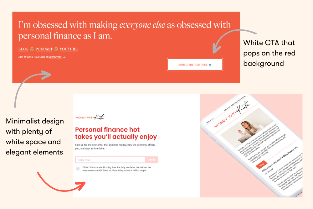Screenshot of Money with Katie's email capture landing page showcasing minimalist design and high-contrast CTAs