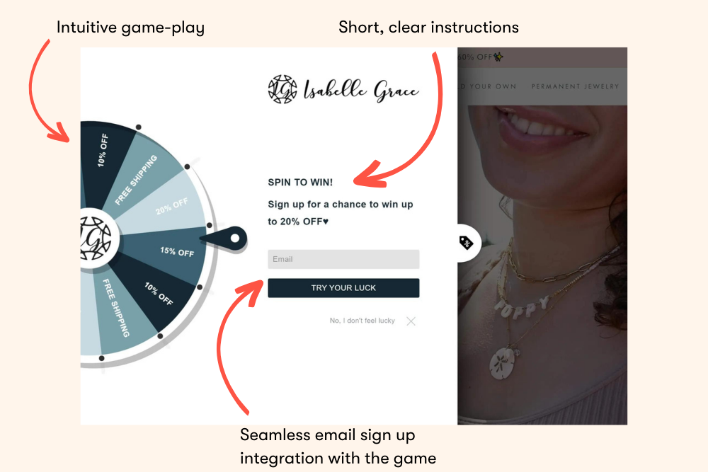 Screenshot of Isabelle Grace's email capture landing page showcasing gamified opt-in form
