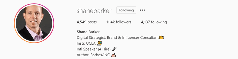shane barker micro influencer instagram profile