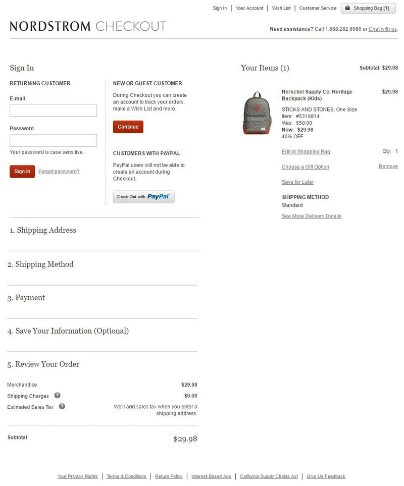 Nordstrom checkout page flow ecommerce