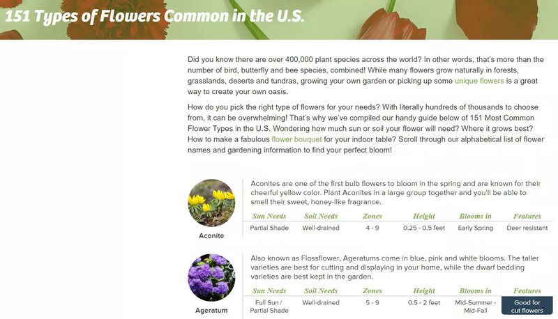 ProFlowers 151 types of flowers common in the US