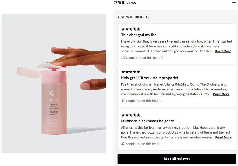 ecommerce Glossier product reviews example image 