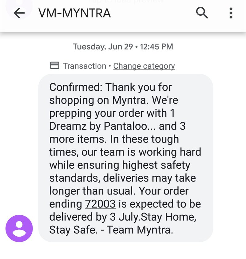 mayple-Order-confirmation-sms-campaign-myntra