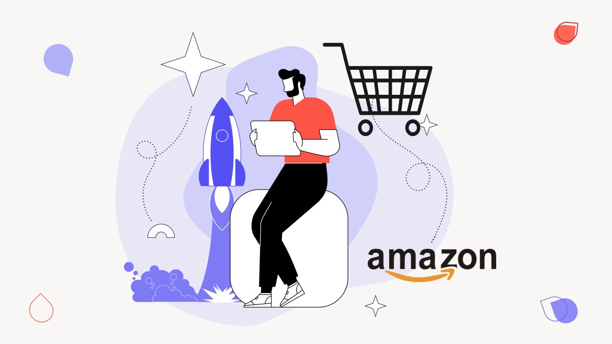 a man standing on top of an amazon shopping cart