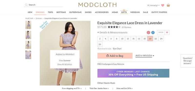wishlist feature on modcloth ecommerce store
