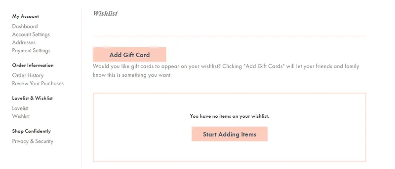 wishlist feature with giftcard for ecommerce conversions