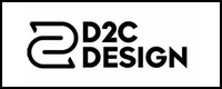 a black and white logo with the words d2c design