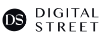 a black and white logo with the words digital street