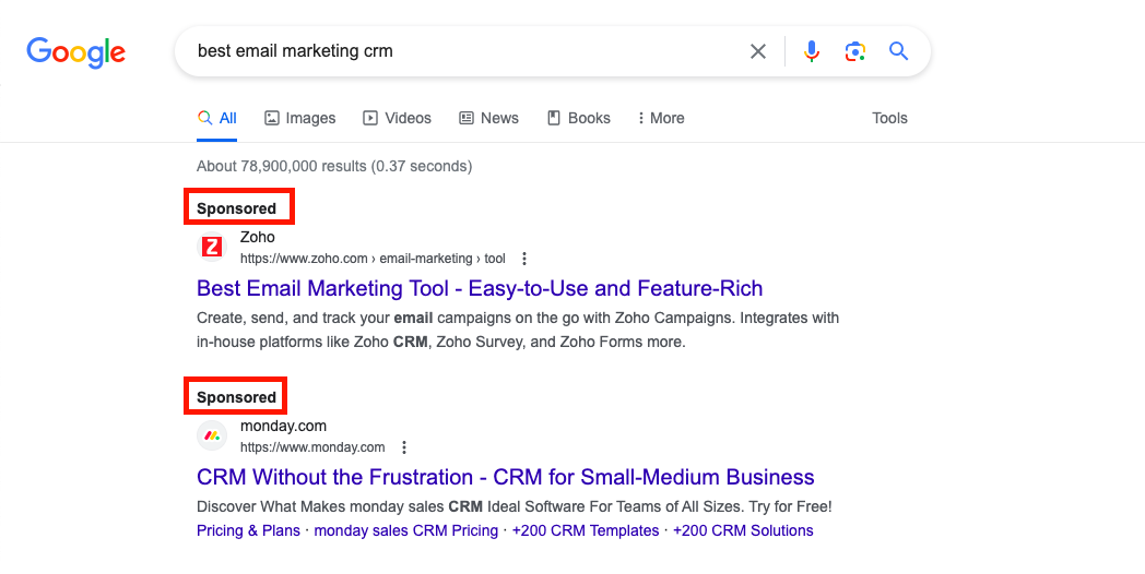 a screenshot of a google search for email marketing showing sponsored posts