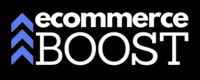 a black background with a blue arrow and the words ecommer booster