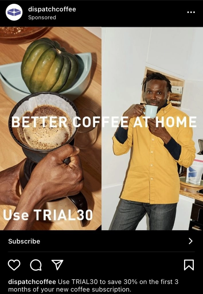 A screenshot of an Instagram ad for Dispatch Coffee