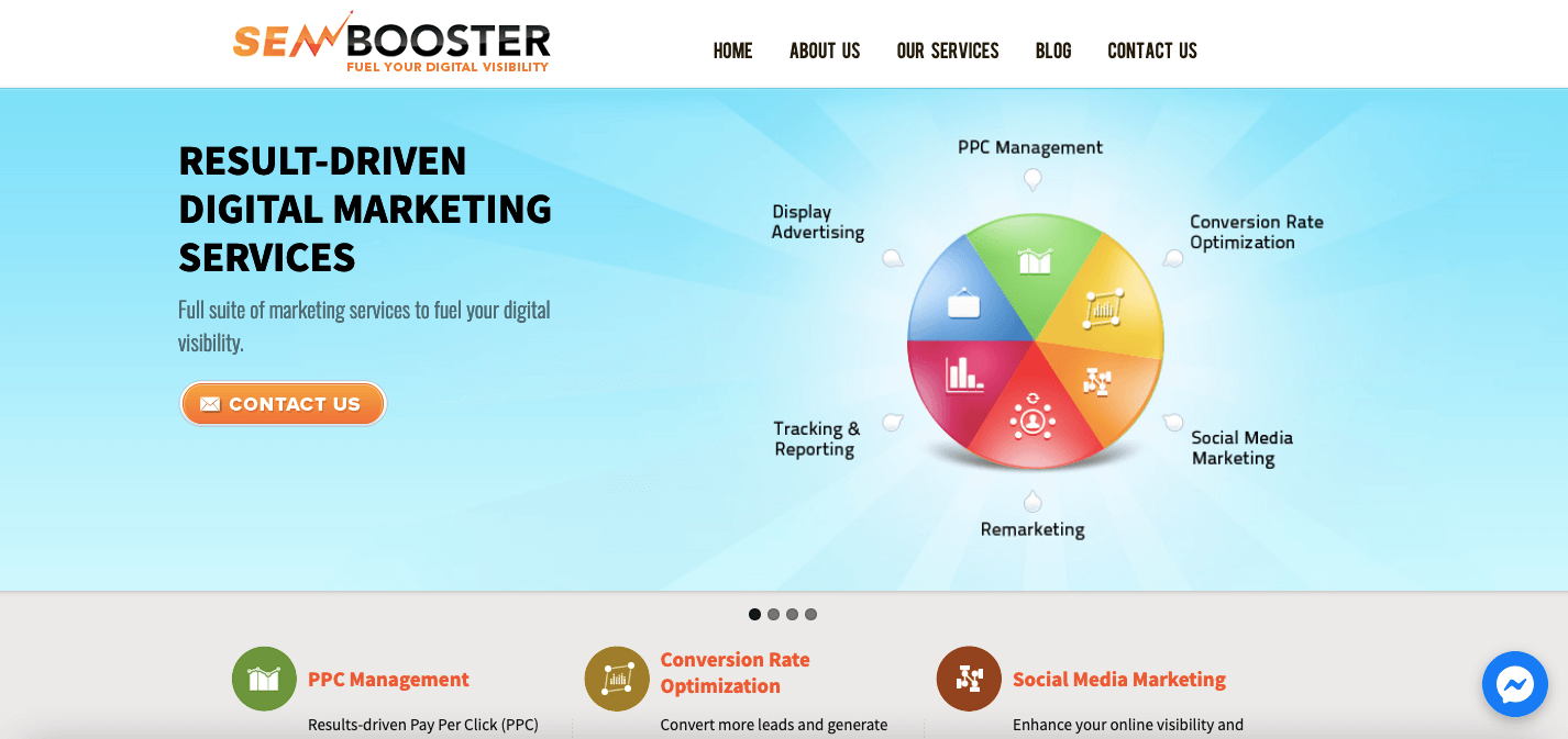 a homepage for a digital marketing company SEM Booster
