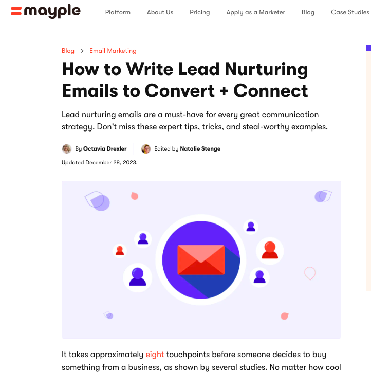 a screenshot of a website page with the title how to write lead nurturing