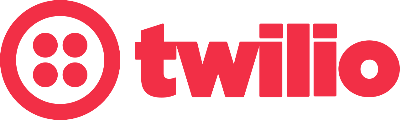 a red logo with the word twilio on it