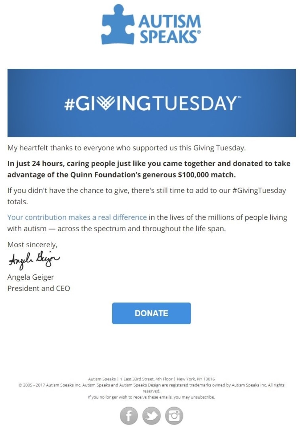 a blue and white email from autism speaks givingtuesday
