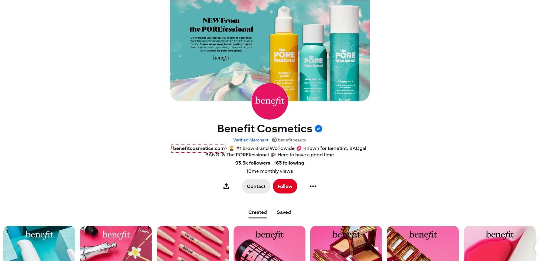 a website page for benefit cosmetics
