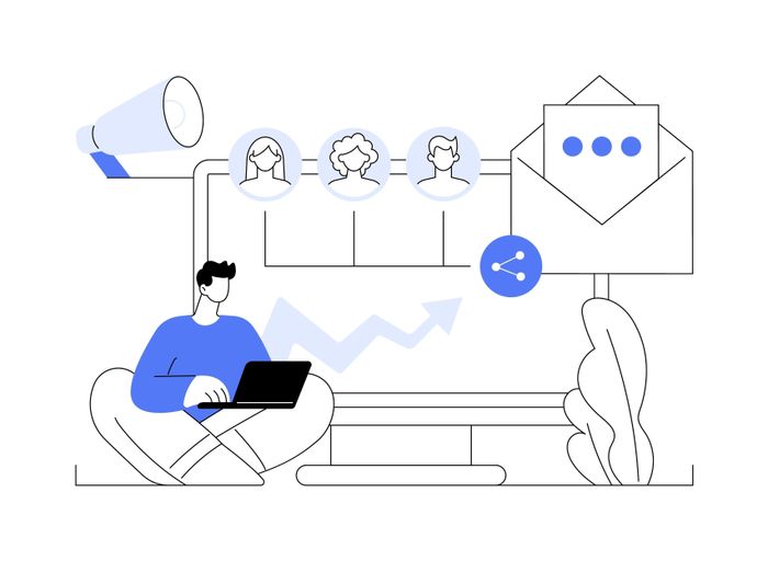 Illustration of a man sitting on a bench using a laptop to email customers preview image